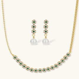 Green and clear Zirconia floral necklace with pearl drop earrings jewelry set | Olaty