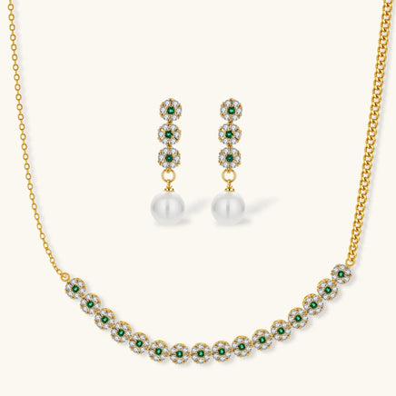 Green and clear Zirconia floral necklace with pearl drop earrings jewelry set | Olaty