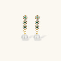 Green and clear Zirconia floral pearl drop earrings close-up | Olaty