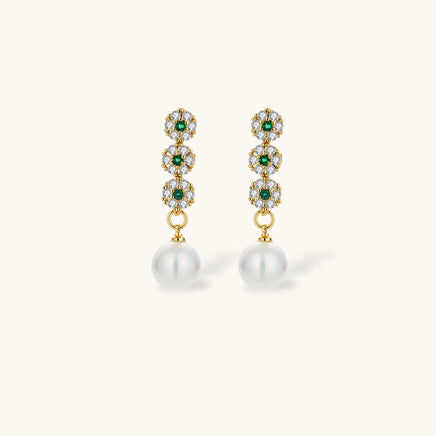 Green and clear Zirconia floral pearl drop earrings close-up | Olaty