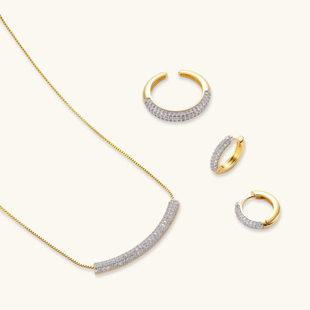 Pavé Zirconia crescent necklace with matching huggie earrings and adjustable ring | Olaty