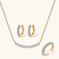 Crescent pavé Zirconia necklace, huggie hoop earrings and adjustable ring jewelry set | Olaty