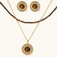 Tiger eye halo jewelry set with round pendant necklace, beaded necklace and matching earrings | Olaty