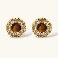 Round tiger eye and zirconia halo stud earrings with detailed circular setting | Olaty