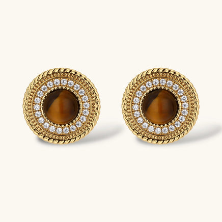 Round tiger eye and zirconia halo stud earrings with detailed circular setting | Olaty