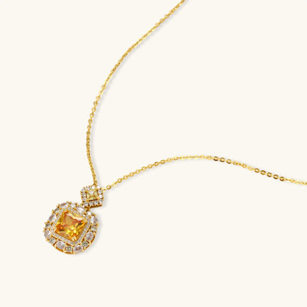 Golden square Zirconia pendant necklace with clear halo stones and delicate chain | Olaty