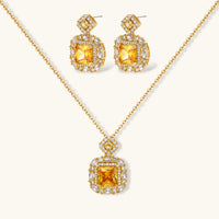 Golden square Zirconia pendant necklace and matching halo drop earrings jewelry set | Olaty