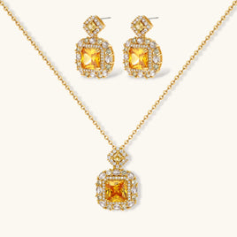 Golden square Zirconia pendant necklace and matching halo drop earrings jewelry set | Olaty