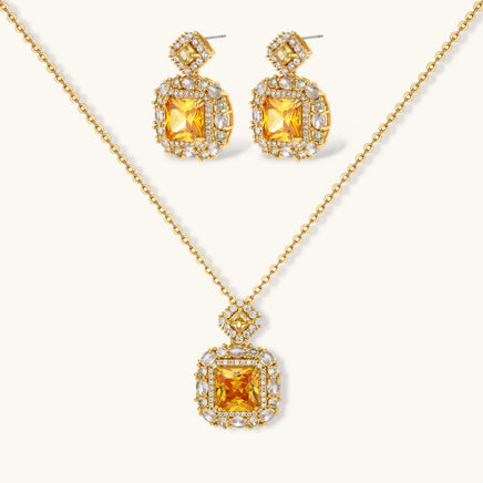 Golden square Zirconia pendant necklace and matching halo drop earrings jewelry set | Olaty