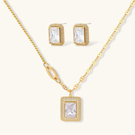 Emerald cut Zirconia necklace and matching halo stud earrings jewelry set | Olaty
