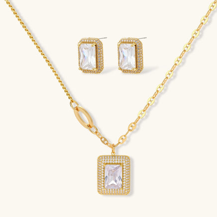 Emerald cut Zirconia necklace and matching halo stud earrings jewelry set | Olaty