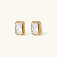 Emerald cut Zirconia halo stud earrings with rectangular geometric setting | Olaty
