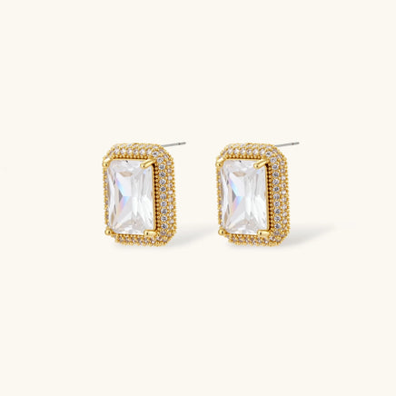Emerald cut Zirconia halo stud earrings with rectangular geometric setting | Olaty