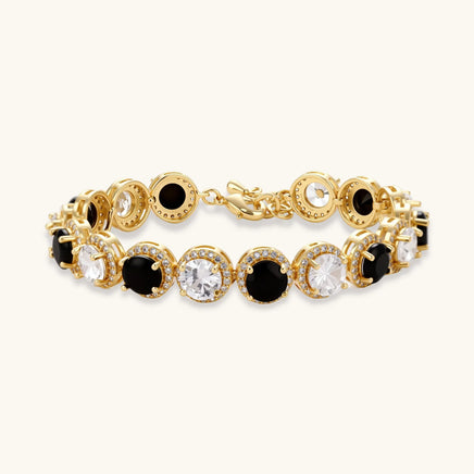 Black and clear round zirconia statement bracelet with halo settings | Olaty