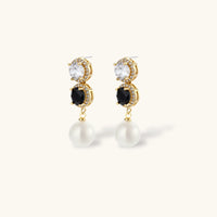 Black and clear zirconia pearl drop earrings with halo settings | Olaty