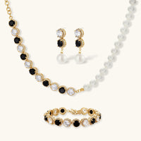 Noir pearl and zirconia jewelry set with necklace, drop earrings and bracelet | Olaty