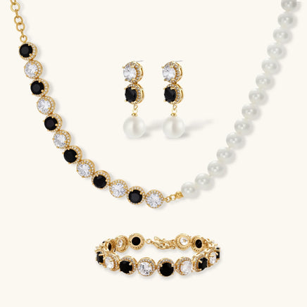 Noir pearl and zirconia jewelry set with necklace, drop earrings and bracelet | Olaty