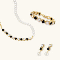 Noir pearl necklace, zirconia bracelet and pearl drop earrings jewelry set | Olaty