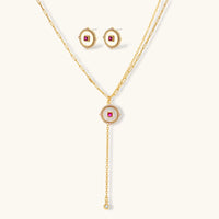 Ruby-red Zirconia medallion Y-drop necklace and matching stud earrings jewelry set | Olaty