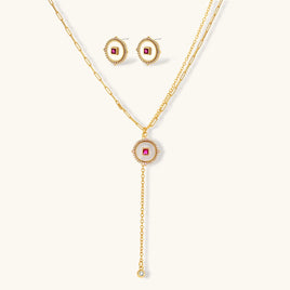 Ruby-red Zirconia medallion Y-drop necklace and matching stud earrings jewelry set | Olaty