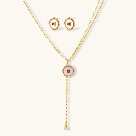 Ruby-red Zirconia medallion Y-drop necklace and matching stud earrings jewelry set | Olaty