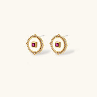 Round medallion stud earrings with ruby-red center Zirconia and clear stone halo | Olaty