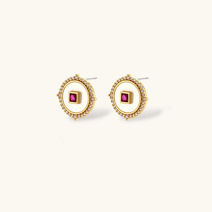 Round medallion stud earrings with ruby-red center Zirconia and clear stone halo | Olaty