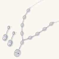 White gold plated zirconia necklace with matching oval drop earrings | Olaty