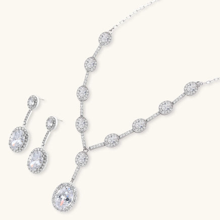 White gold plated zirconia necklace with matching oval drop earrings | Olaty