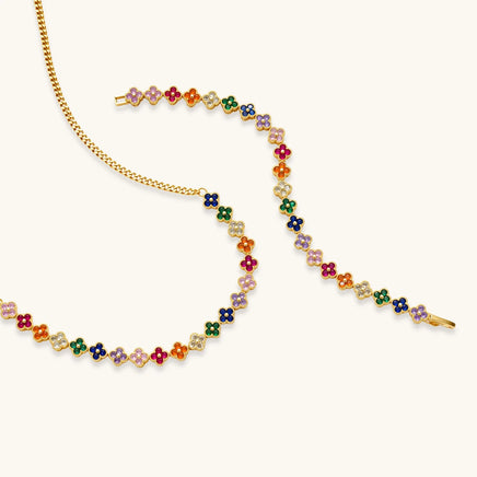 Rainbow zirconia clover necklace and bracelet with multicolor floral design | Olaty