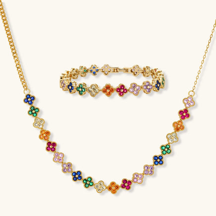 Lucky Clover rainbow zirconia necklace and matching clover bracelet set | Olaty