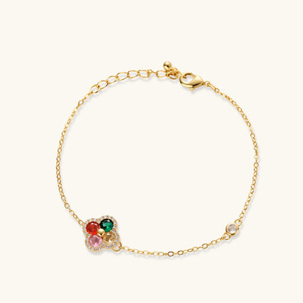 Lucky Clover multicolor zirconia bracelet with clover centerpiece and gold chain | Olaty