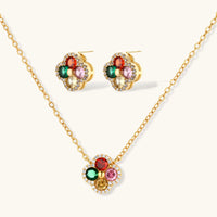 Lucky Clover multicolor zirconia necklace and matching stud earrings | Olaty