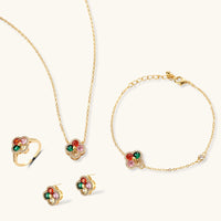 Lucky Clover four-piece zirconia jewelry set with necklace bracelet ring and earrings | Olaty