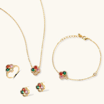 Lucky Clover four-piece zirconia jewelry set with necklace bracelet ring and earrings | Olaty