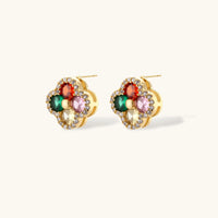 Lucky Clover multicolor zirconia stud earrings with four-petal floral design | Olaty