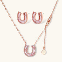 Pink and clear Zirconia horseshoe necklace and matching stud earrings set | Olaty