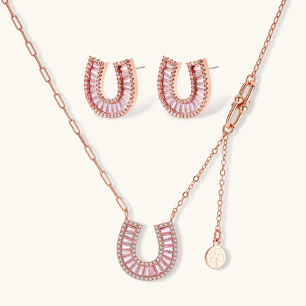 Pink and clear Zirconia horseshoe necklace and matching stud earrings set | Olaty
