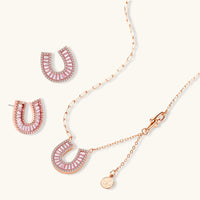 Pink Zirconia horseshoe necklace and stud earrings with rose gold tone finish | Olaty