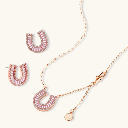 Pink Zirconia horseshoe necklace and stud earrings with rose gold tone finish | Olaty