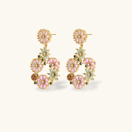 Blooming Garden floral statement drop earrings with soft pink mint and green zirconia | Olaty