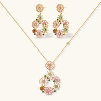 Blooming Garden floral necklace and matching drop earrings with pink mint and green stones | Olaty