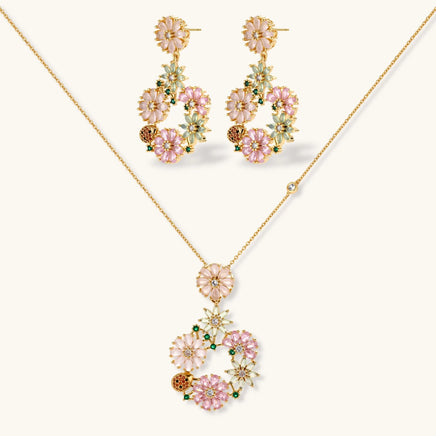 Blooming Garden floral necklace and matching drop earrings with pink mint and green stones | Olaty
