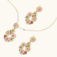Blooming Garden necklace and drop earrings featuring pink mint and green floral motifs | Olaty