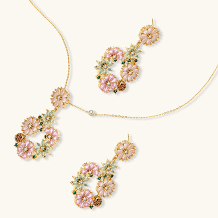Blooming Garden necklace and drop earrings featuring pink mint and green floral motifs | Olaty