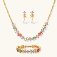 Garden Bloom multicolor floral necklace drop earrings and bracelet jewelry set | Olaty
