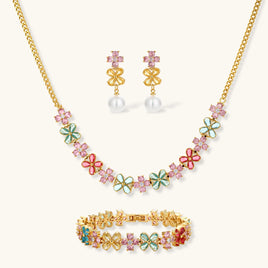 Garden Bloom multicolor floral necklace drop earrings and bracelet jewelry set | Olaty