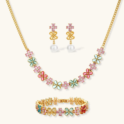 Garden Bloom multicolor floral necklace drop earrings and bracelet jewelry set | Olaty