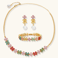 Garden Bloom three-piece floral jewelry set with multicolor necklace earrings and bracelet | Olaty