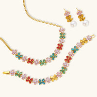 Garden Bloom multicolor floral necklace pearl drop earrings and matching bracelet | Olaty